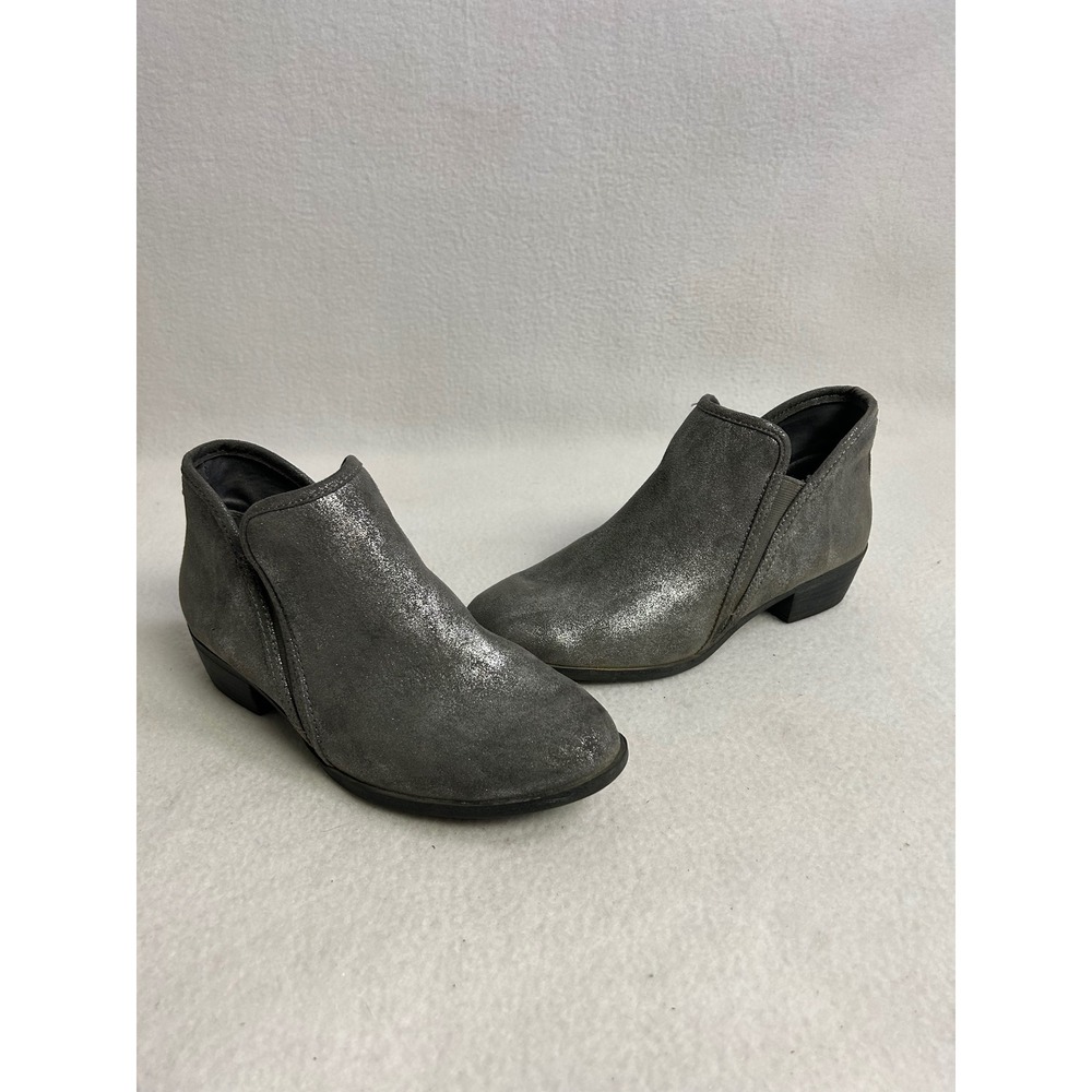 Metallic Glam SO Womens 7.5 Grey Shimmer Ankle Booties Low Block Heel Zipper